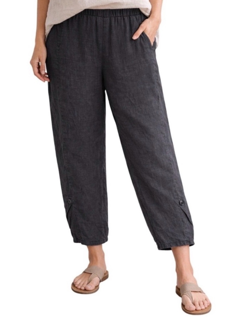 Lisa Bayne Elastic Waistband Lantern Line Pants 100% Linen